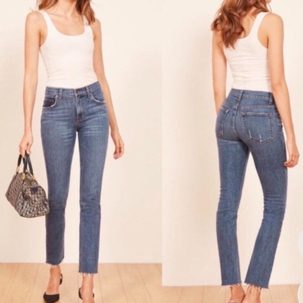 Reformation Mid Rise Slim Distressed Medium Wash Raw Hem Ankle Crop Jeans 25